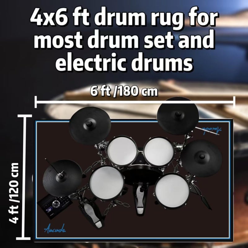 Aucuda Drum Rugs with Bass Drum Stopper, Drum Set Floor Mat, 4x6ft Electric Bass Drum Kit Pedal Carpet, Tightly Woven Fabric, Soundproof TPR Grip Bottom Accessories for Man, Apartment, Garage, Black. - Image 2